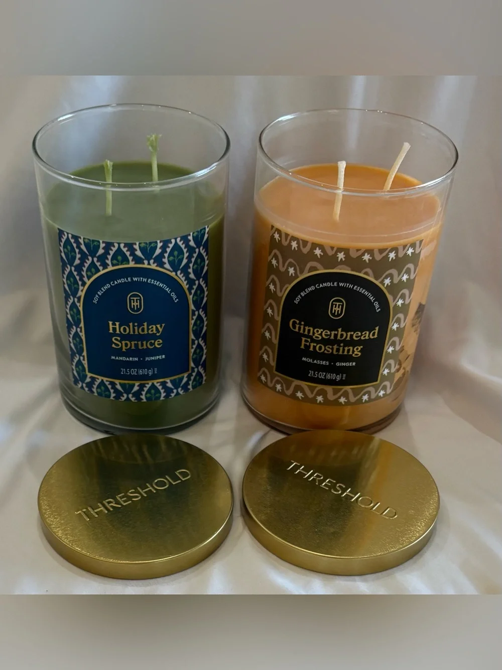 2 - THRESHOLD HOLIDAY SPRUCE & GINGERBREAD FROSTING  21.5 OZ. 2 WICK CANDLE LOT